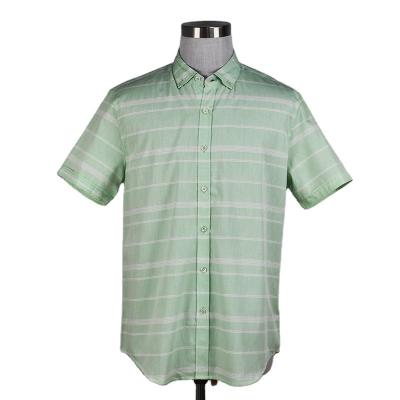 China Fashion Breathable Mens Mint Green Striped Stand Collar Classic Mens Short Sleeve Shirt for sale