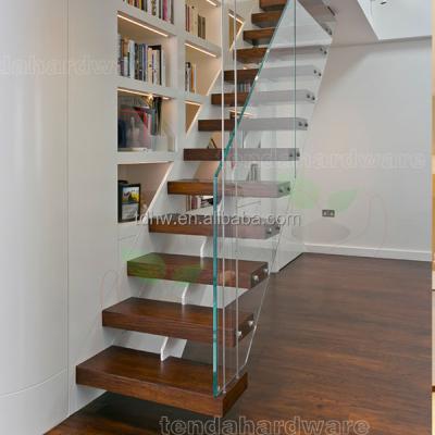 China Indoor floating staircase with teak treads and frameless glass enclosure staircase for sale