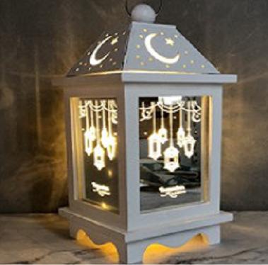 China LED Retro Hanging Lighting Eid Mubarak Ramadan al Fitr Wooden Decorative Night Light LED Window Light Wooden Crafts for sale