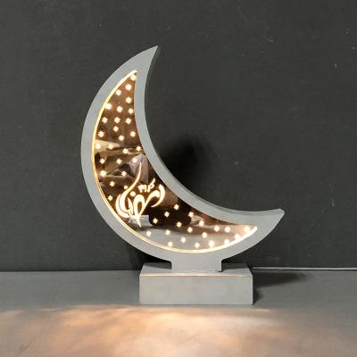 China Retro Ramadan Eid al Fitr Crafts Home Decoration Moon Shaped Ornaments Gift Pattern Wooden Furniture Led Lamp Lighting for sale