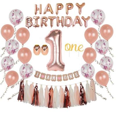 China For Birthday Decorations Anniversary The First I Am One Banne Rose Gold Balloon Happy Birthday 1st Birthday Decorations Set for sale