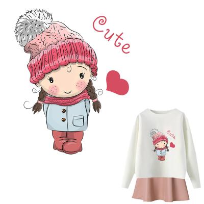 China New Girl Washable Stickers Winter Cartoon DIY Design Accessory Vinyl Heat Transfer Print On T-shirt Clothes Decoration Washable Patch for sale