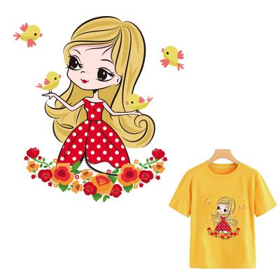 China Washable Cartoon Girls Patches Birds Flowers Iron-on Washable Heat Transfer DIY Vinyl Garment Accessory Tops Stickers On Fabric Clothes for sale