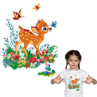 China New Fashion Appliqued Tops Washable Heat Transfer Vinyl Iron On Dresses Forest Deer Butterfly Decor Kids T-shirt Patch for sale