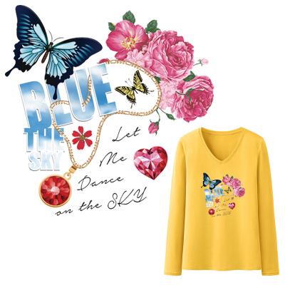 China Washable Flower Butterfly Iron-On Transfer Fashion Diy Tops Vinyl Appliqued Print On Girl T-Shirt Dresses Heat Transfer Stickers for sale