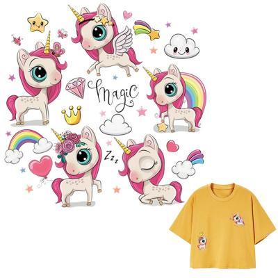 China Soft Touch 5 Pcs Cute Unicorn Iron On Patches For Clothing Fashion Animal Stickers For Kids T-shirt School Bags Heat Transfer Logo for sale