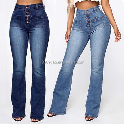 China new street jeans Anti-wrinkle casual medium waist flared jeans slim fit pants women's jeans tight blue for sale