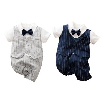 China Wholesale-Men's Lovely Slim Short-sleeved Vertical Striped Birthday Party Stain Baby Style Men's Overalls Uniforms for sale