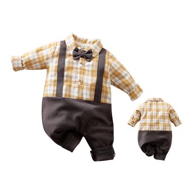 China Wholesale Handsome Long Sleeve Cotton Baby Boy Plaid Lapel Low Point Brown Retro Romper for sale