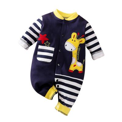 China Loungewear Navy Blue Baby Jumpsuit Striped Long Sleeve Single Breasted Baby Clothes Cute Giraffe Print Romper Fall for sale