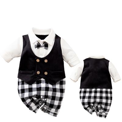 China Wholesale Hot Sell Baby Gentleman Romper Long Sleeve Checkerboard Gentleman Birthday Party Vest Boy Lovely Style Design for sale