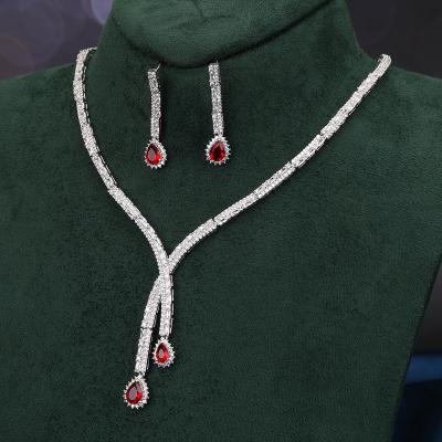 China Luxury High Quality Water Drop Necklace Earrings Set For Women Accessories Red Cubic Zircon Jewelry Sets Dubai Party Fashion Trendy Jewelry for sale