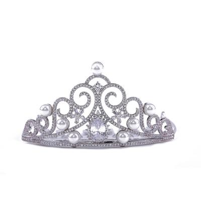 China Little Girls Fashionable Elegant Luxury Pearl Tiara Crown With Cubic Zircon Crystal Headwear Dress Cute Gift Hair Accessories Jewelry for sale