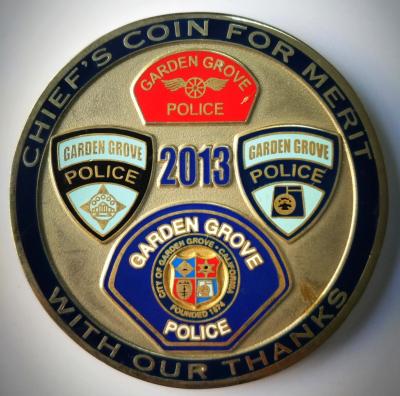 China Gold Plating Military Challenge Coins Token Coin Garden Grove Police Logo for sale