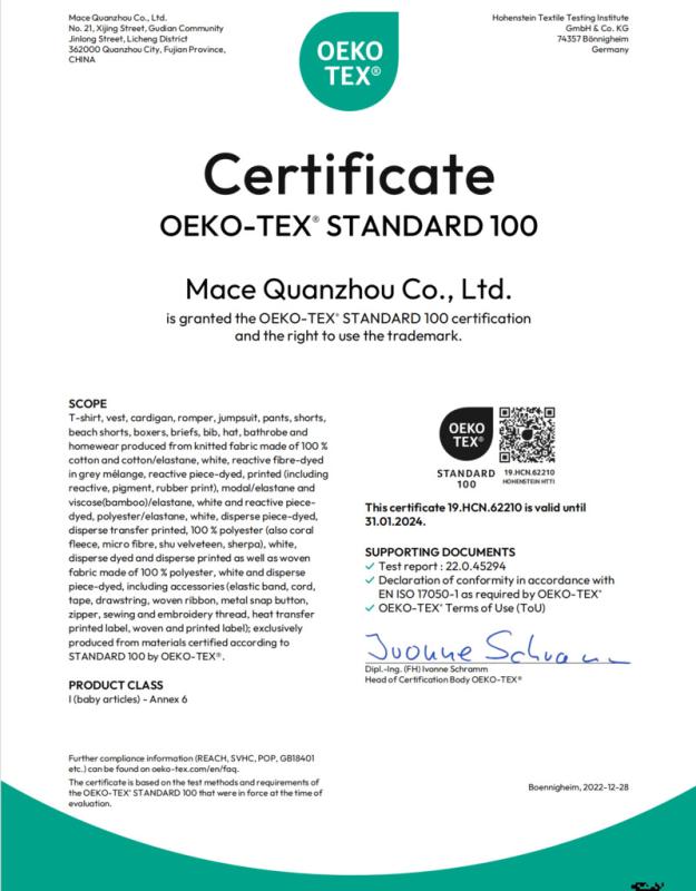 Oeko-Tex standard 100 - Quanzhou Shierda Clothing Co., Ltd.