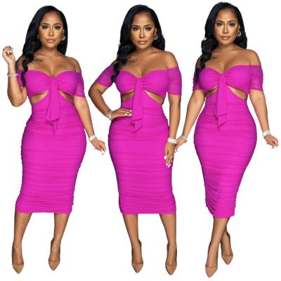 China Anti Wrinkle 2022 New Arrivals Bodycon Gear Dresses Women Clothing Wrap Fitness Off Shoulder Ruched Midi Dress Women Summer Solid Dresses for sale