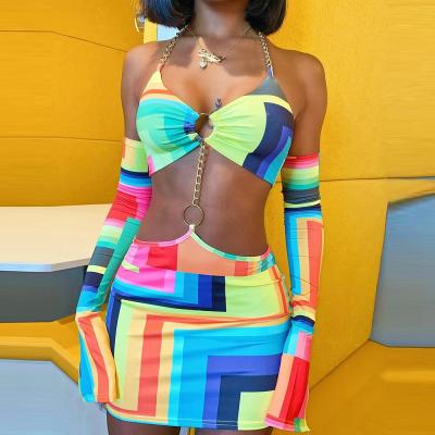 China 2022 Breathable Spandex Summer Breathable Matching Outfits Club Wear Crop Tops Contrast Print Skirt Sets Patchwork Knitted Women 2 Piece Skirt Set for sale