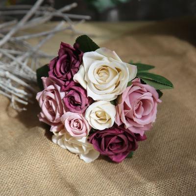 China Silk Rose Flower Bouquet JAFB-3 Artificial Wedding Rose Flower Bunches Artificial Rose For Wedding Decor for sale