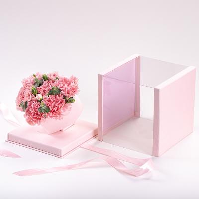 China Recycled Materials Valentine's Day Square Carnation Clear Plastic Bouquets Paper Mother's Day Gift Box Packaging Stitched Flower Box for sale