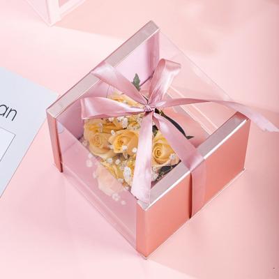 China Recycled Materials Valentines Day Transparent Plastic Square Gift Box Luxury Rose Gold Flower Boxes For Bouquets Packing for sale