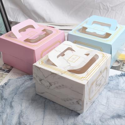 China Valentine's Day Recyclable Handle Side Door 8 Inch Portable Marbling Dessert Cardboard Gift Box Packaging With Window for sale