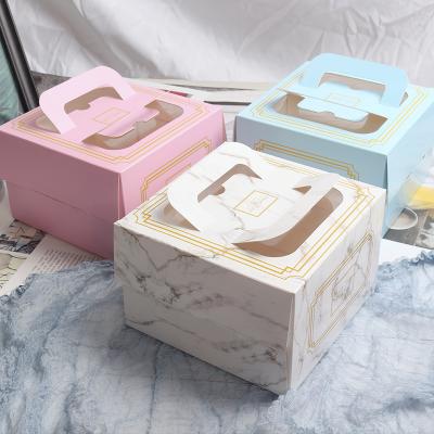 China Recyclable Custom Valentine's Day Gift Box Side Door White Paper Dessert Small Packaging Marbling Cake With Handle And Window for sale