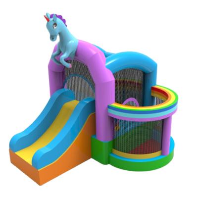 China Oxford Material Mini Indoor Rainbow Unicorn Inflatable Bouncer Castle Slide With Water Ball Pool For Kids for sale