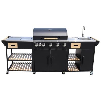 China Easily Assembled Wholesalar Movable 5 burner gas grill with side burner outdoor kitchen bbq with faucet outdoor camping kitchen for sale