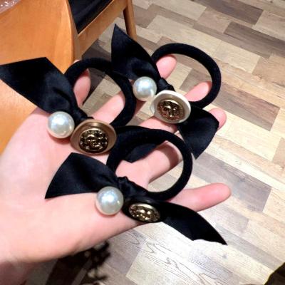 China Women Girls Hair Accessories Retro Elegant Big Pearl Elastic Hair Rubber Ties Elegant Women GirlsSatin Ribbon Bow Knotted Hair Rope Band Fashion Hairband for sale