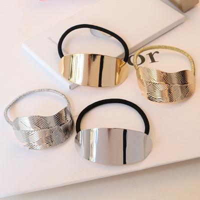 China Women Girls Hair Accessories Simple Metal Gold Silver Hair Bands Women Girls Ponytail Holder Elastic Ring Rope Shiny Leaf Shape Elastic Hairband Ties for sale