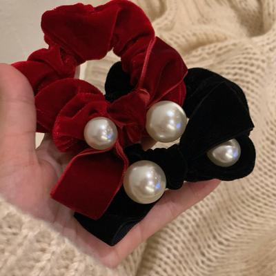 China Women Girls Hair Accessories Elegant Wine/Black Velvet Bow Knotted Hair Scrunchie Women Girls Pearls Elastic Hair Tie Rope Headwear Female Hair Accessories for sale