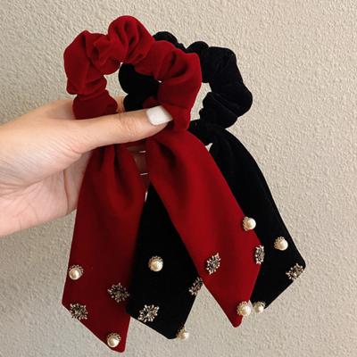 China Women Girls Hair Accessories Retro Black/Wine/Red Velvet Bow Hair Scrunchie Ties Women Girls Ponytail Holder Long Elastic Hair Band Rope Headwear Accessories for sale