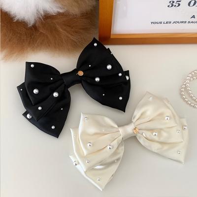 China Women Girls Hair Decoration Elegant Ladies Black/White Bowknot Hairpins Big Size Double Face Pearls Silk Bow Hair Clips Vintage Women Girls Hair Accessories for sale