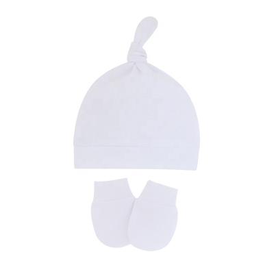 China White OEM Customized Design Newborn Bundle Infant Hat And Mitten Knit Sets Sublimation Baby Knot Top Hat for sale