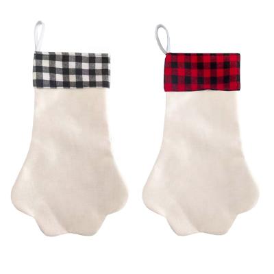 China Custom Logo Dog Paw Buffalo Plaid Canvas Christmas Stockings Sublimation Christmas Candy Stockings For Kids for sale