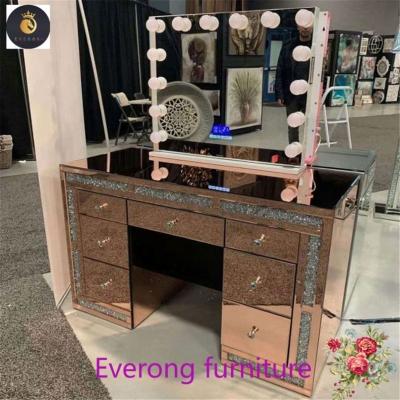 China Adjustable (height) rose gold crushed diamonds on table sides  mirrored dressing table with drawers chest and hollywood wall mirror for sale