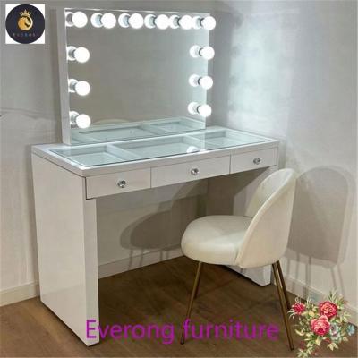 China Adjustable (height) hot-sale glass top white mirrored vanity table with hollywood mirror with 13 drawers for sale