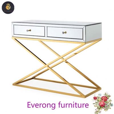 China Art Deco Hallway Table White Mirrored Furniture For Home Hotel High Quality Console Table with Gold Stainless Steel Leg and 2 Drawers for sale