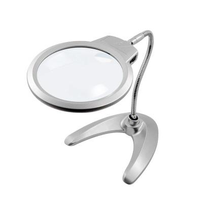 China 130MM 2X 5X Magnifying Glass With Stand Folding Design With 2 LED Lamp And 5.5 Inch Lens Hands Free Magnifier With Light For Reading for sale