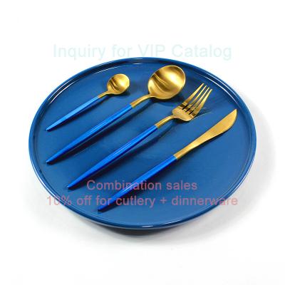 China Custom Viable Gold and Blue Paint Gold Stainless Forks and Cutlery Flatware Set Restaurant Use Color Handle Flatware Set Spoons for sale