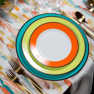 China Sustainable Color Rim Rainbow Fine Ceramic Dessert Dish Party Use Durable Porcelain Salad Bowls For Restaurant for sale