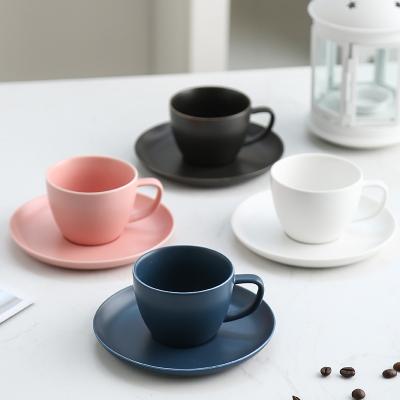 China 260ml Time Sustainable Ceramic Latte Cup And Saucer European Tea Cup Luster Solid Color Matte Coffee Cups for sale