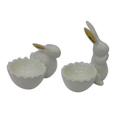 China Environmentally Friendly Gold White Ceramic Rabbit Ears Art Easter Bunny Home Decoration Indoor Office Ceramic Set for sale