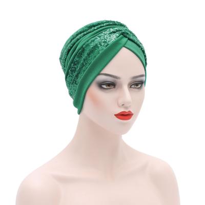 China African Women Polyester+Sequin Distorted Fabric Watermelon Sequin Watermelon Hat Bling Bling Muslim Female Hair Turban Hats TB-451 for sale