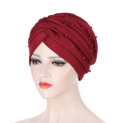 China TB-381 Hand-sewn fashion solid color India space cotton beaded muslim women head turban one size fits most for sale