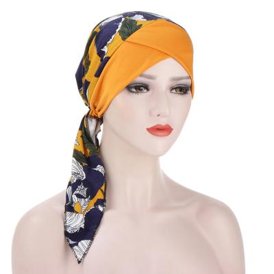 China TB-401 Bohemia Image Printed Wide Front Band Cross Tail Turbans Sleep Hats African Muslim Women Braid Turban Head Wrap for sale