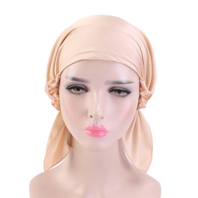 China Wholesale Chemo Cap Headscarf African Women Muslim Satin Nightcap Ladies TB-312 silky braid turban with straps one size fits all for sale