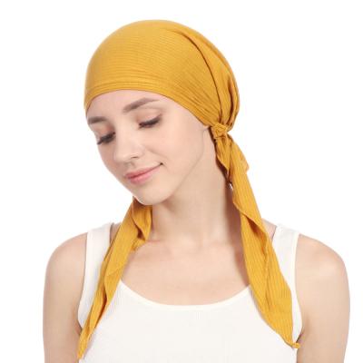 China Hot Fashion TB-263 Cotton Amazon Pleated Bow Hijab Headwraps Solid Chemo Caps Two Tails Cotton Sweater Hair Turban Hat for sale