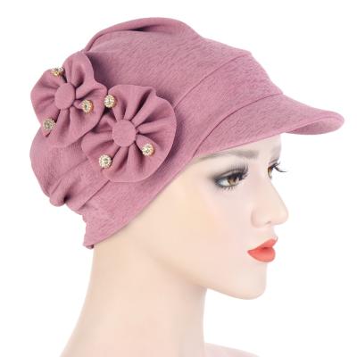 China New Style Hairwear Alloy Diamond Flowers Headcover Hat Women Sun Visor Turban Hat TB-328 for sale