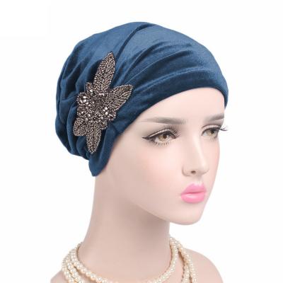 China Velvet+alloy Drill TB-306 Flower Accessories Headwear Headwear Turban Cover Women Female New Beaded Velvet Pleated Head Turbans for sale